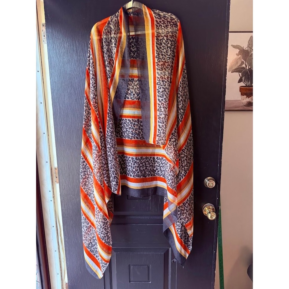 2 Chic Leopard Print Striped Scarf Orange Black Multi Shawl Lightweight Wrap